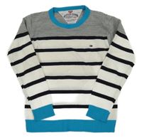 Tmavomodro-bílo-šedý pruhovaný svetr Tommy Hilfiger