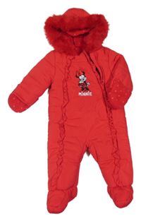 Červená šusťáková zimní kombinéza s Minnie a kapucí s kožešinou George