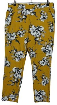 Dámske okrové kvetované plátenné nohavice F&F