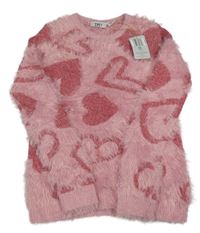 Nové - ružový chlpatý sveter so srdiečkami L&D