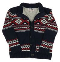 Tmavomodro-červeno-bílý vzorovaný podšitý propínací svetr 