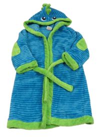 Modro-zelený chlupatý župan s proužky a kapucí- dinosaury Miniclub