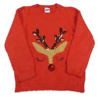 Červený chlpatý sveter so sobom s flitrami George