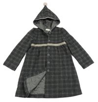 Tmavošedo-růžový kostkovaný vlněný podšitý kabát s kapucí 