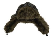 Hnědo-šedá kostkovaná beranice s kožešinou 