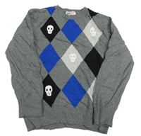 Sivo-modro-čierny károvaný sveter s lebkami H&M