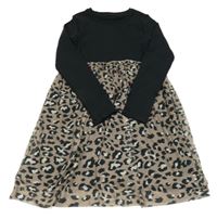 Černé žebrované šaty s leopardí tylovou sukní Nutmeg