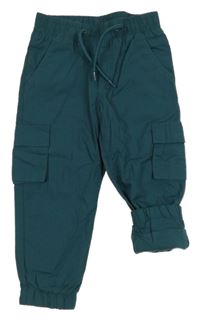 Tmavozelené plátěné podšité cuff kalhoty s kapsami Pocopiano