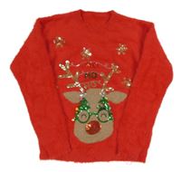 Červený chlpatý sveter so sobom s flitrami St. Bernard