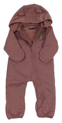 Růžová melírovaná pletená zateplená kombinéza s medvídkem a kapucí