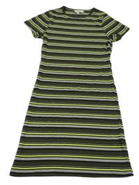 Khaki-šedo-neonové pruhované žebrované šaty E-Vie