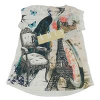 Bielo-farebné tričko s nápismi a motýly