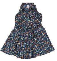 Tmavomodro-farebné kvetované košeľové šaty s opaskom