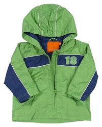 Zeleno-tmavomodrá šušťáková jarná bunda s číslom a kapucňou