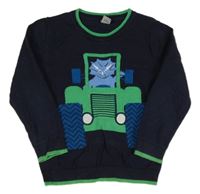 Tmavomodro-zelený sveter s autom a dinosaurom Tu