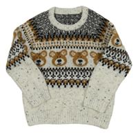 Bielo-čierno-béžový vzorovaný sveter s medvedíkmi Dunnes