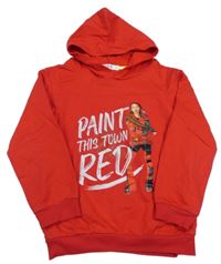 Červená mikina s potlačou a kapucňou