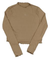 Hnedé rebrované crop tričko so srdiečkom Shein