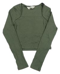 Khaki rebrované crop tričko s hranatým výstřihem H&M