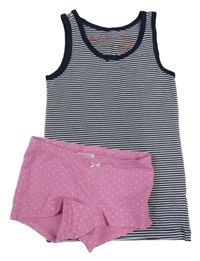 2set - Tmavomodro-bílá pruhovaná košilka + růžové nohavičkové kalhotky 