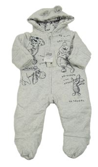 Nové - sivo-biela melírovaná zateplená kombinéza s Pú s kamarády a kapucňou s uškami George