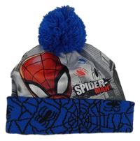 Šedo-safírová plyšovo/pletená čepice se Spider-manem a bambulí MARVEL