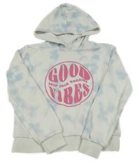 Bielo-modrá batikovaná mikina so znakom s nápismi a kapucňou Page one young