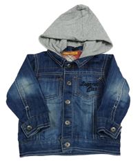 Modrá rifľová bunda s nápismi a odopínacíá kapucňou MC. baby