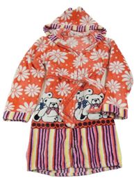 Jahodovo-pruhovaný plyšový župan s medvídky a květy a kapucí s oušky 