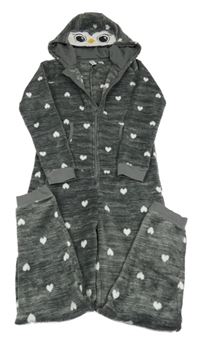 Tmavosivá melírovaná plyšová kombinéza so srdiečkami a kapucí - sovička YIGGA