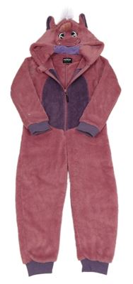 Starorůžovo-tmavofialová chlupatá kombinéza s kapucí - jednorožec NANOK