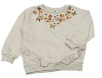 Svetlobéžová melírovaná mikina s kvietkami a motýlikmi a flitrami a volánikmi C&A