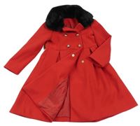 Červený flaušový podšitý kabát s gombíky a černým kožešinovým límečkem St. Bernard