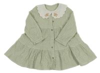 Olivovošedo-biele kockované krepové prepínaci šaty s bielým golierikom s kvietkami