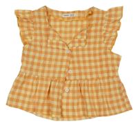 Oranžovo-ružovo-žltá kockovaná krepová crop blúzka s volánikmi SHEIN