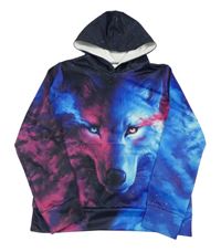 Černo-modro-tmavorůžová mikina s vlkem a kapsou a kapucí