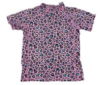 Ružovo-čierno-azurovo-žlto-fialové vzorované UV tričko