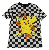Čierno-biele kockované tričko s Pikachu