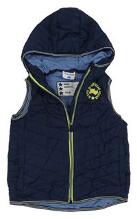 Tmavomodrá prešívaná šušťáková zateplená vesta s nákladiakom a kapucňou Topolino
