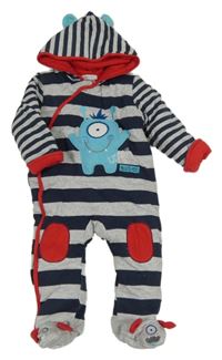 Tmavomodro-šedá pruhovaná zateplená kombinéza s příšerkou a kapucí