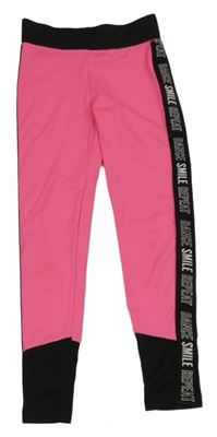 Neónově ružovo-čierne športové legíny s pruhom s nápismi Ergeenomixx