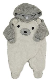 Bielo-sivá chlpatá podšitá kombinéza s medvěďom a kapucňou Dopodopo