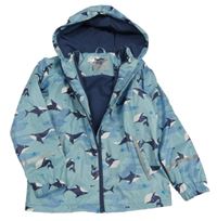 Světlemodrá nepromokavá lehce zateplená bunda s velrybami a kapucí Lupilu