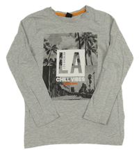 Šedé melírované triko s palmami a nápisem Y.F.K.