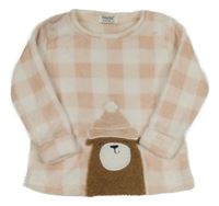 Svetloružová -biela kockovaná chlpatá mikina s medvěďom