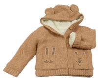 Hnědý vlněný zateplený propínací svetr s kapsami s králíky a kapucí Nutmeg