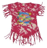 Fuchsiové batikované tričko s nápisem s obrázky a třásněmi