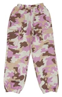 Bielo-ružovo-hnedé army šušťákové cargo cuff nohavice Shein