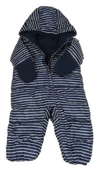 Tmavomodro-biela pruhovaná šušťáková zimná kombinéza s kapucňou Petit Bateau