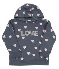 Tmavosivá mikina so srdiečkami a nápisom a kapucňou PRIMARK